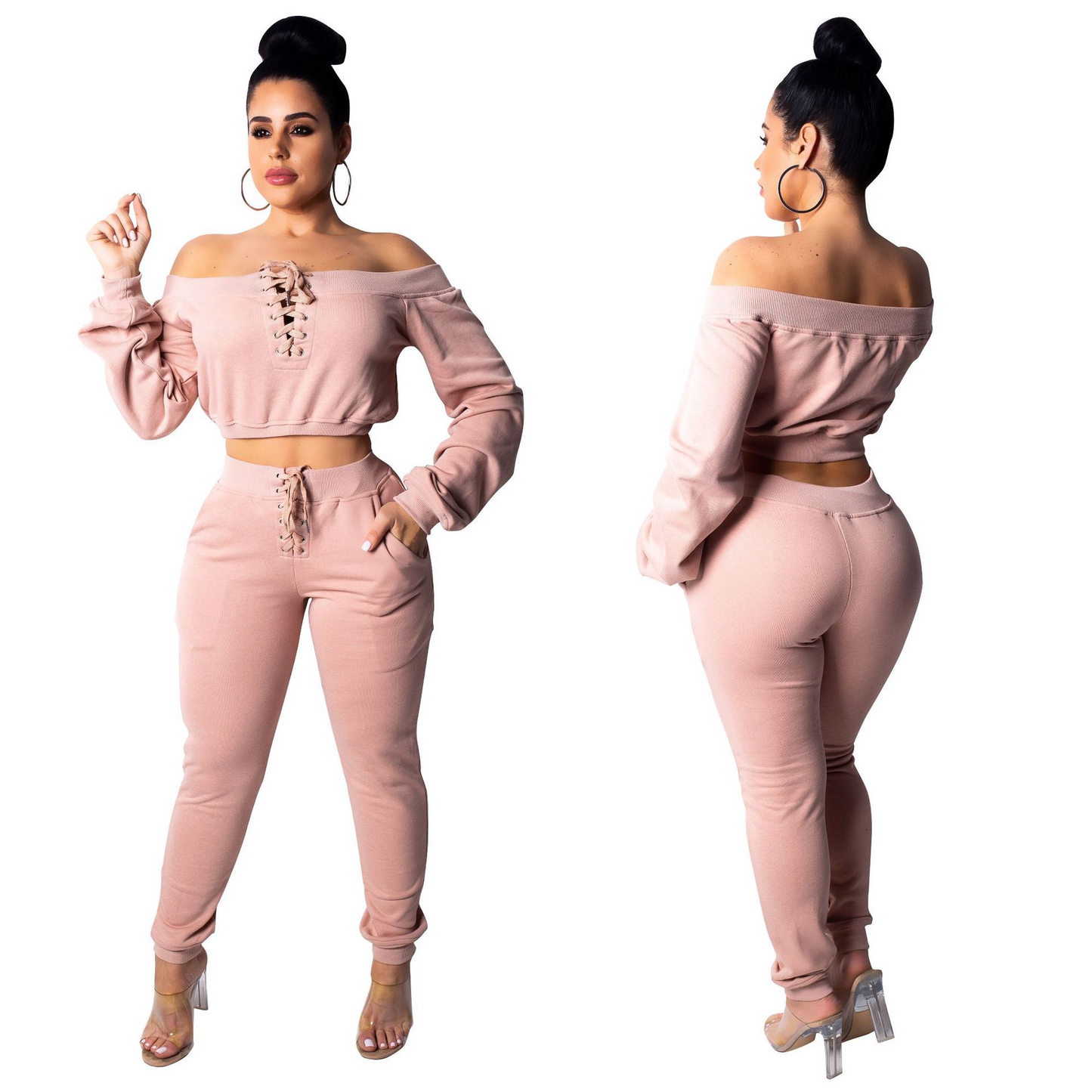 Flirt Lace-Up Off Shoulder Jogger Lounge Set Castello Clothing Line