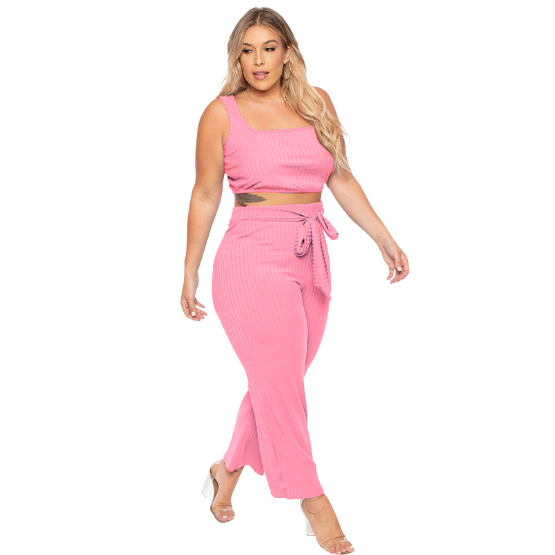 Plus Size Ribbed Crop Top & High Waist Pants Set Castello Clothing Line
