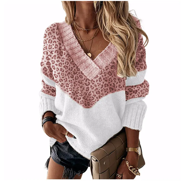 Roar V-Neck Leopard Print Long Sleeve Knit Sweater Castello Clothing Line