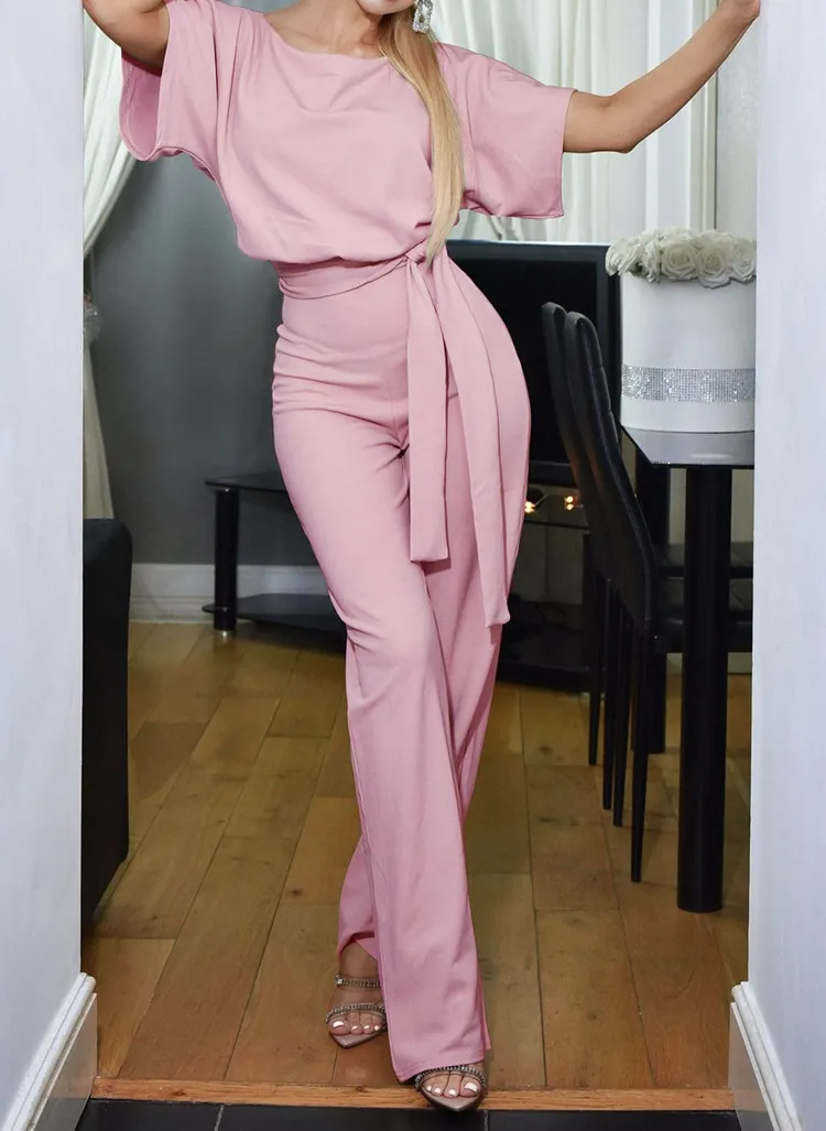 Kaylee Short-Sleeve Belted Wide-Leg Jumpsuit Castello Clothing Line