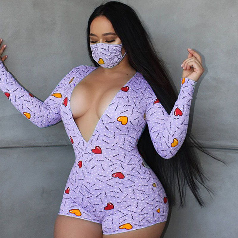 Heartbreaker Plunge Long-Sleeve Printed Romper Castello Clothing Line