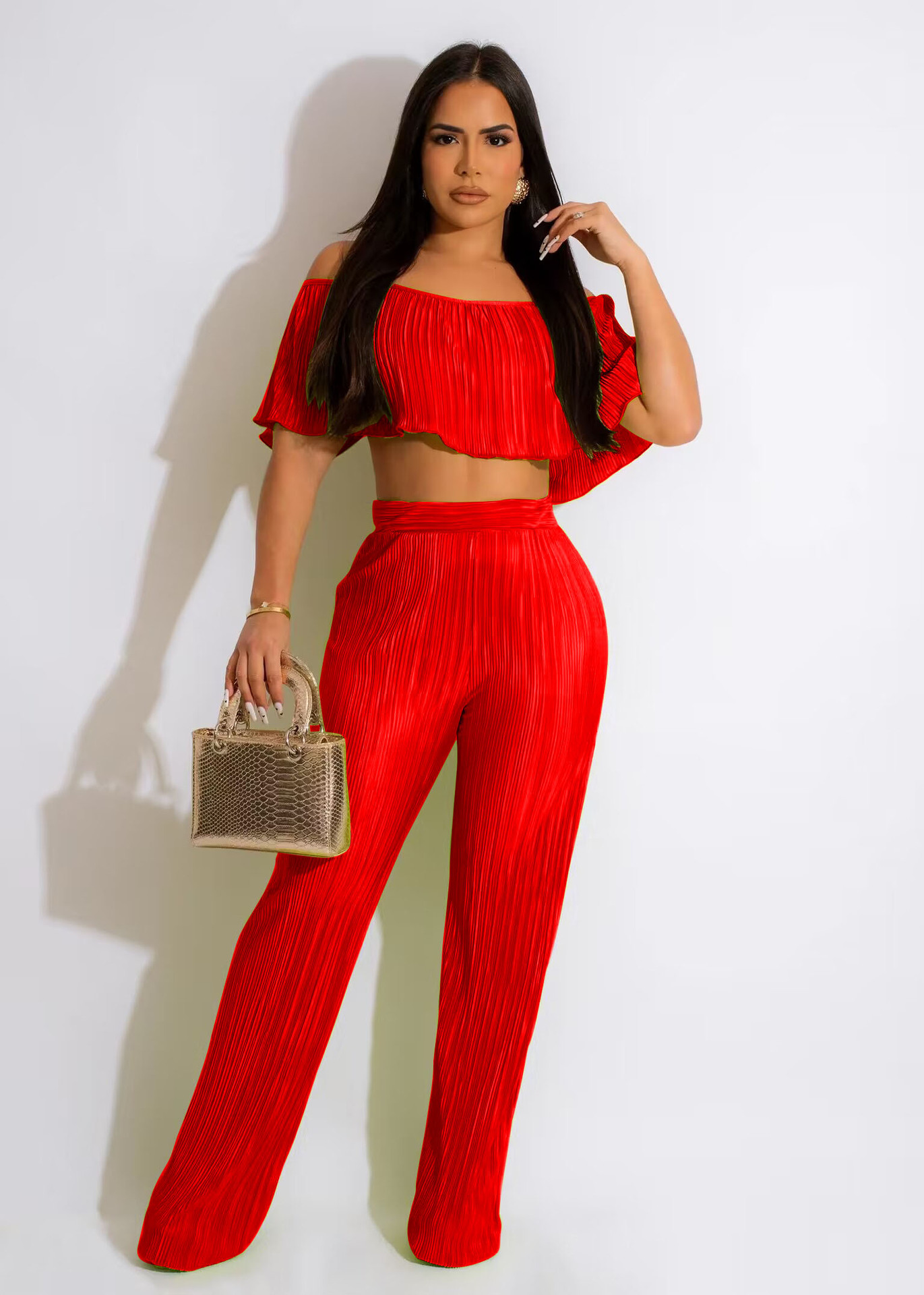 Off Shoulder Ruffled Crop Top & High Waisted Wide Leg Pants Set Castello Clothing Line