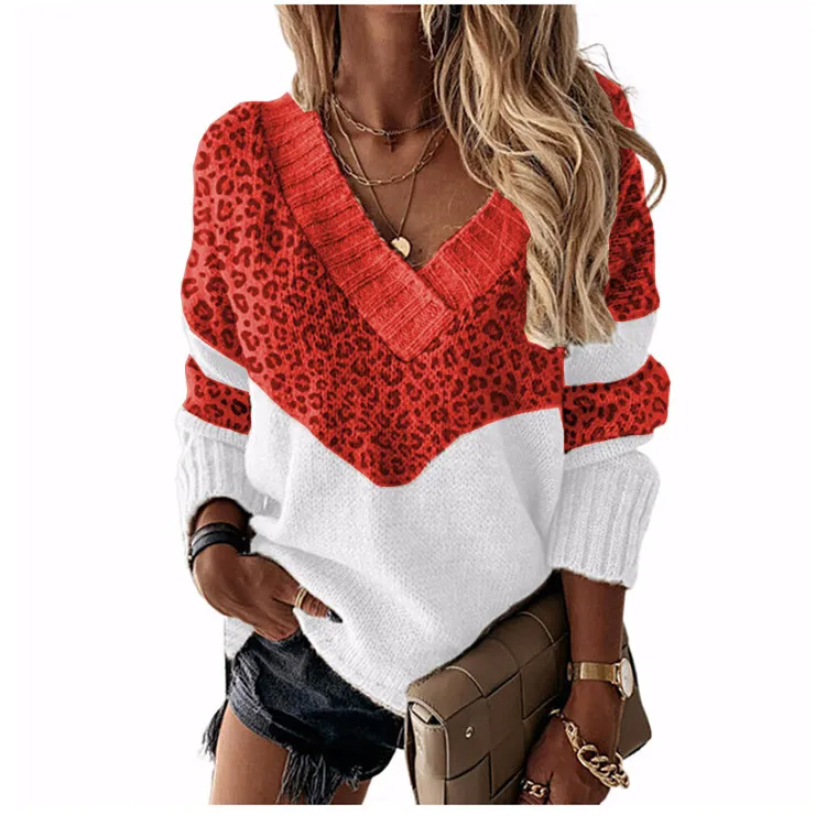 Roar V-Neck Leopard Print Long Sleeve Knit Sweater Castello Clothing Line