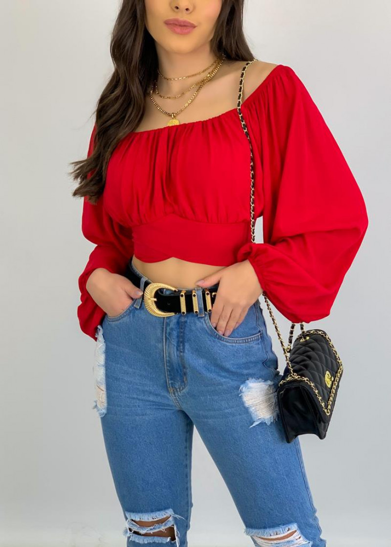 Sassy Nights Off-Shoulder Ruched Long Sleeve Crop Top Castello Clothing Line