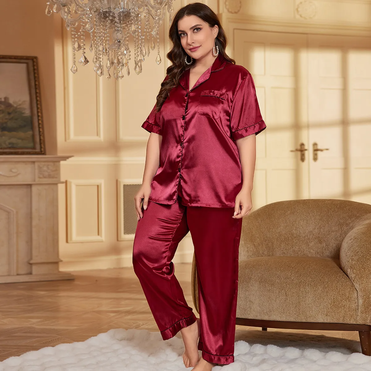 Moonlit Harmony Satin Button-Down Lounge Pants Set Castello Clothing Line