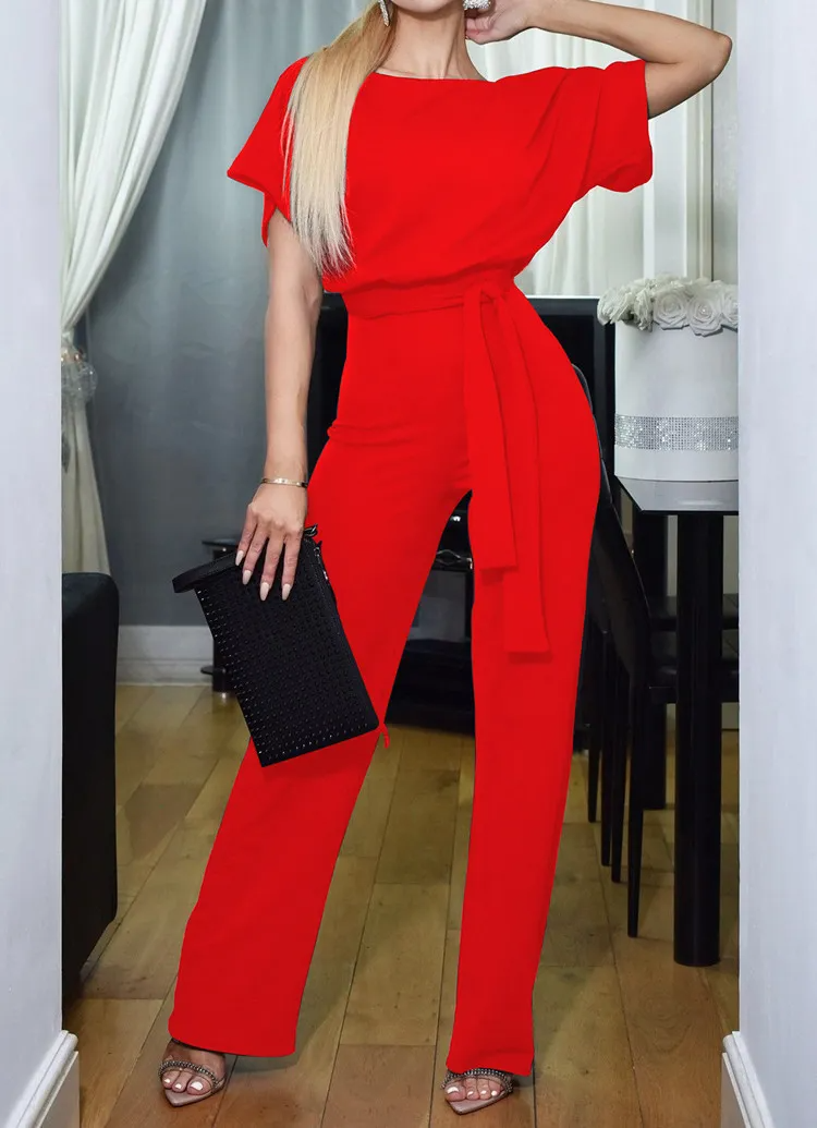 Kaylee Short-Sleeve Belted Wide-Leg Jumpsuit Castello Clothing Line