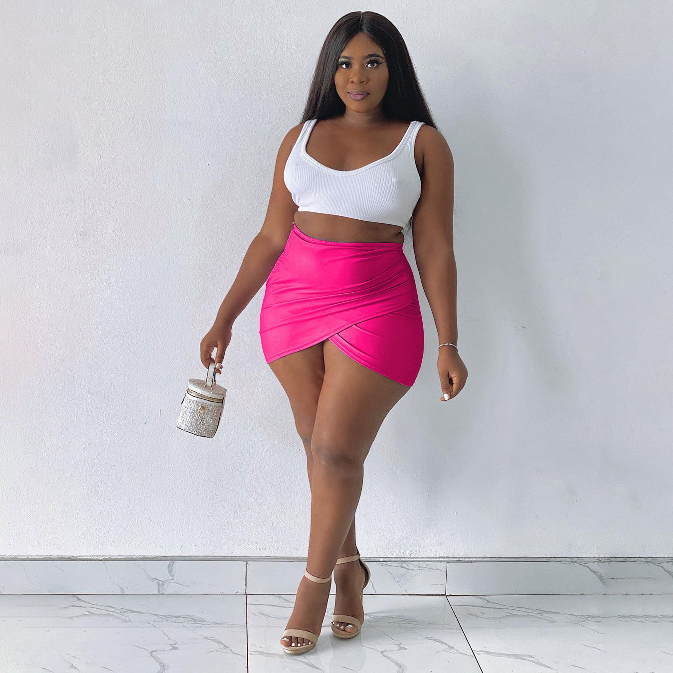 High Waist Mini Wrap Skirt - Slim Fit & Ultra Short - Polyester/Spandex Castello Clothing Line