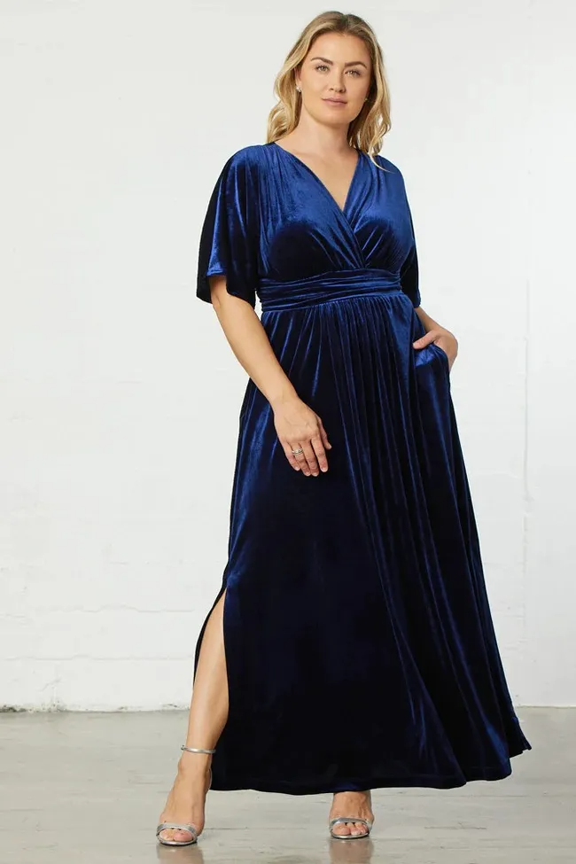 Gemina Velvet Wrap Flutter Sleeve Pocket Maxi Dress maxi dress Castello Clothing Line