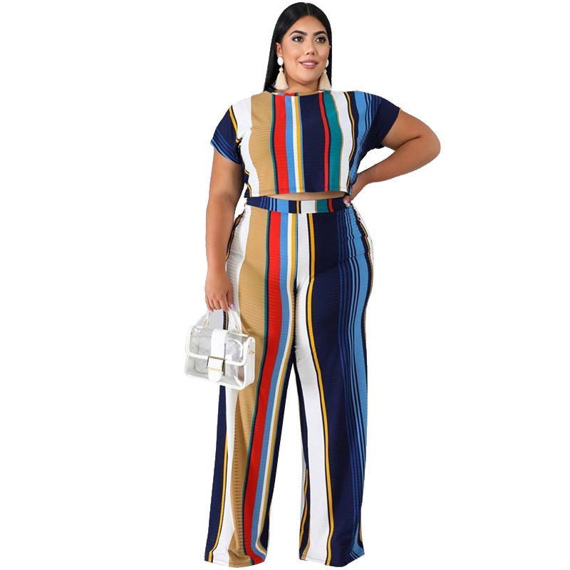 Plus Size 2-Piece Stripe Top & Wide Leg Pants Set Castello Clothing Line