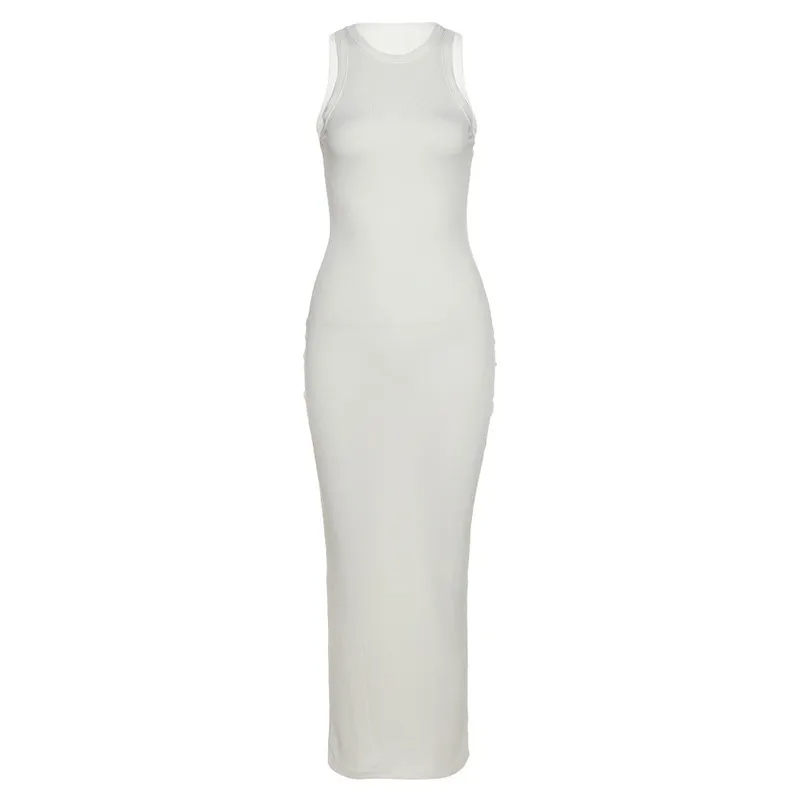 Long Sleeveless Bodycon Dress in Solid Color - Slim Fit - Polyester/Spandex Castello Clothing Line