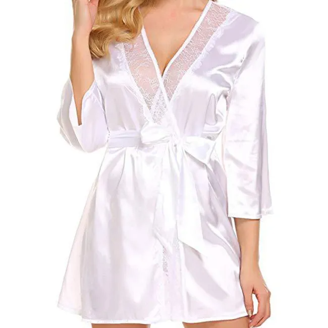 Ruby Glow Lace-Trim Satin Wrap Robe Castello Clothing Line