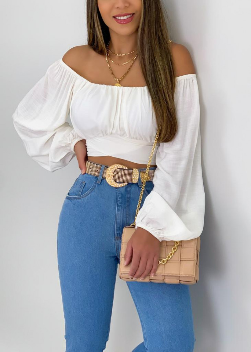 Sassy Nights Off-Shoulder Ruched Long Sleeve Crop Top Castello Clothing Line