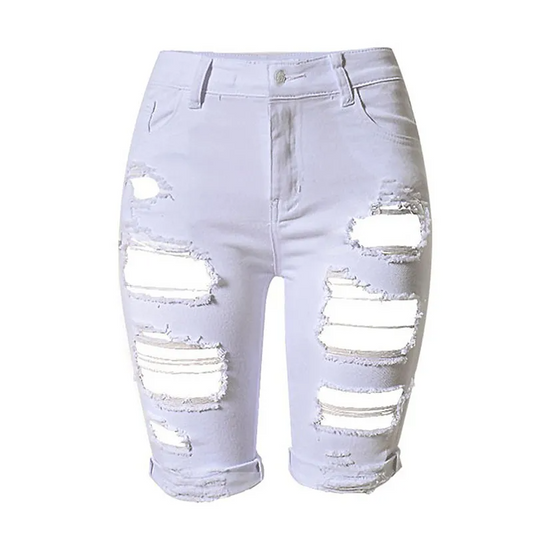 VibeRush High-Rise Distressed Denim Bermuda Shorts  Castello Clothing Line