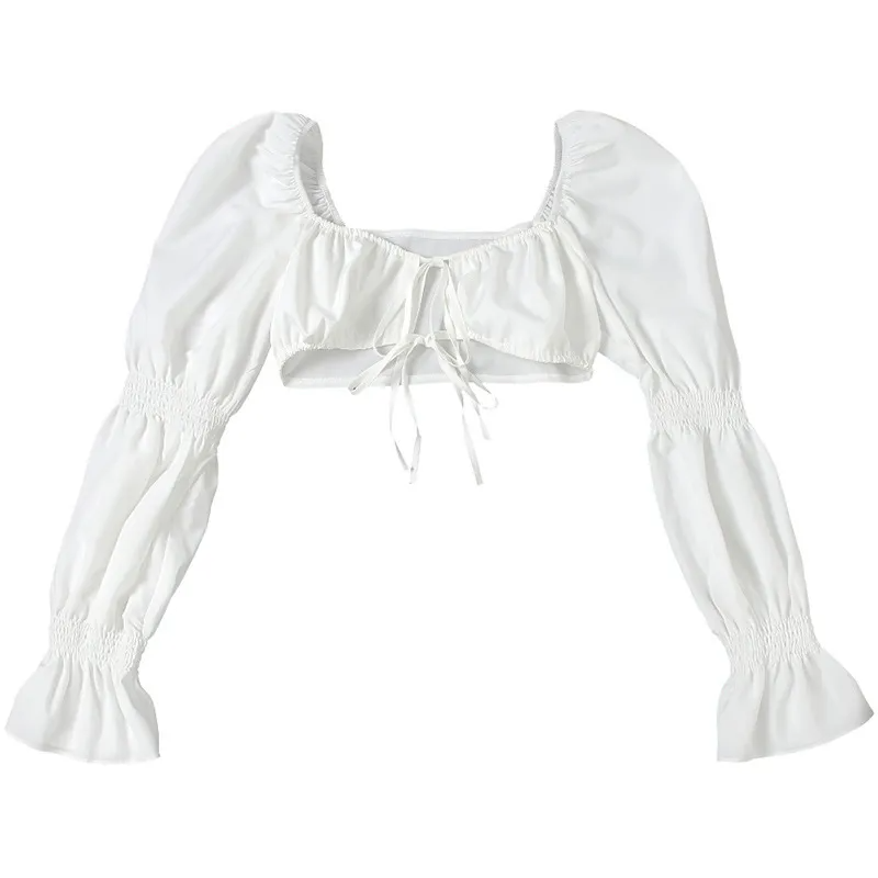 Lure Puff Sleeve Smocked Tie-Front Crop Top Castello Clothing Line