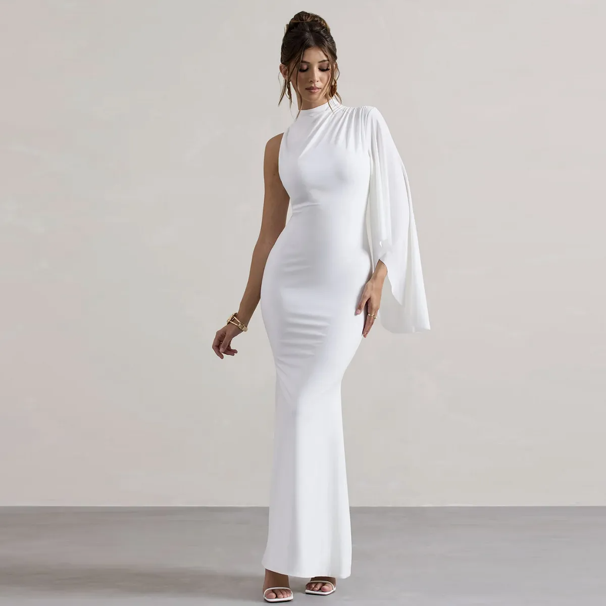 Ayla High Neck Cape Sleeve Sheath Maxi Dress maxi dress Castello Clothing Line