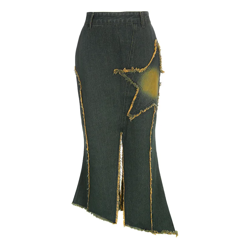 Star Power Fringe Hem Denim Maxi Skirt Castello Clothing Line
