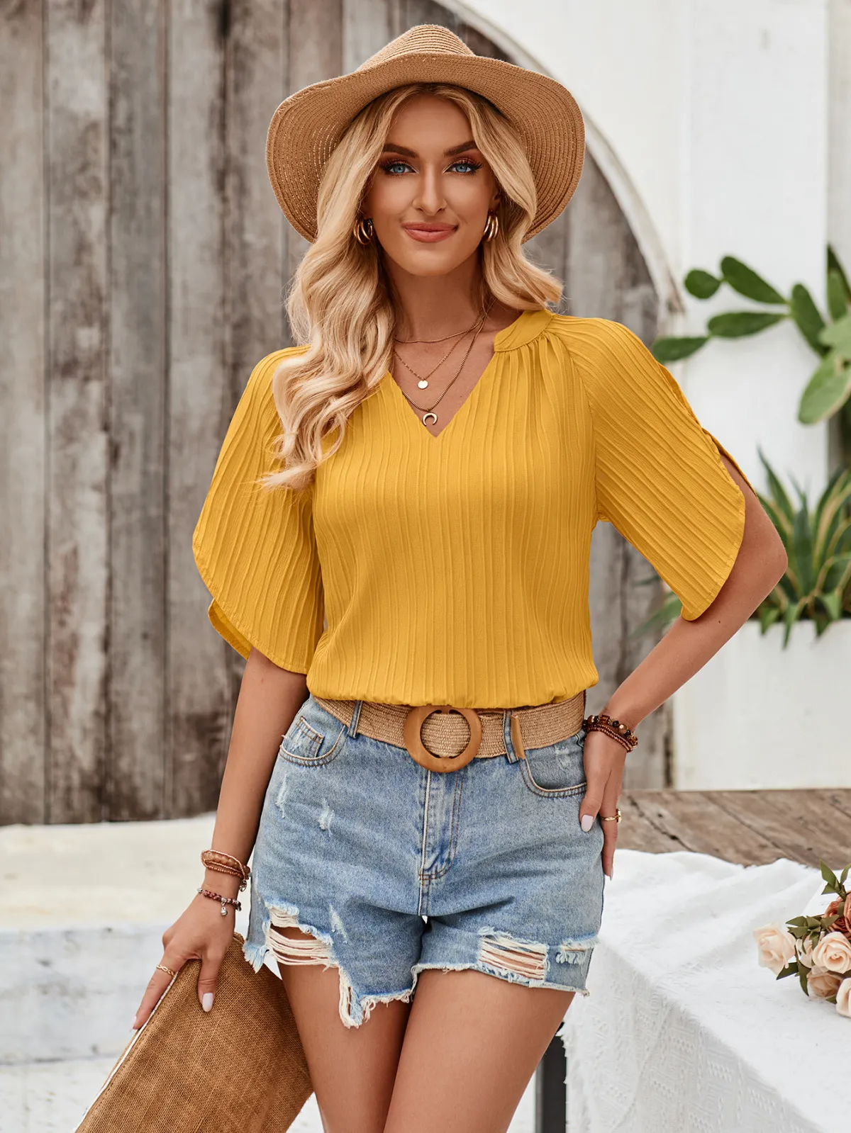 Rush Hour Split Sleeve Textured V-Neck Blouse Castello Clothing Line
