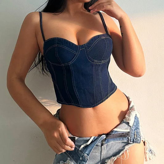 Denim Dreams Laced Up Bustier Top  Castello Clothing Line