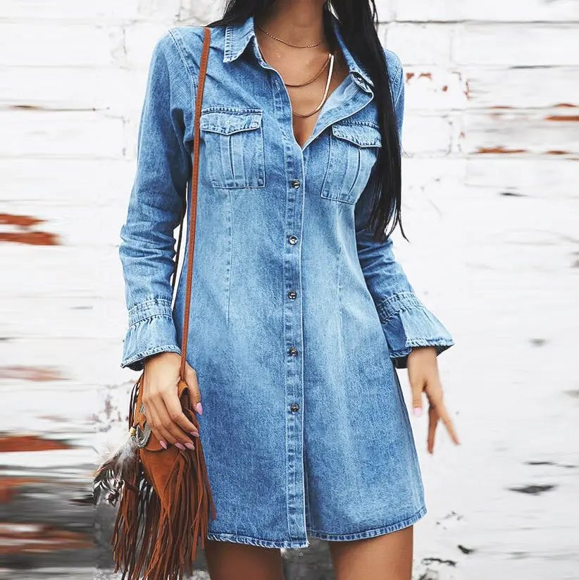 Long Sleeve Ruffle Denim Shirt Dress Castello Clothing Line