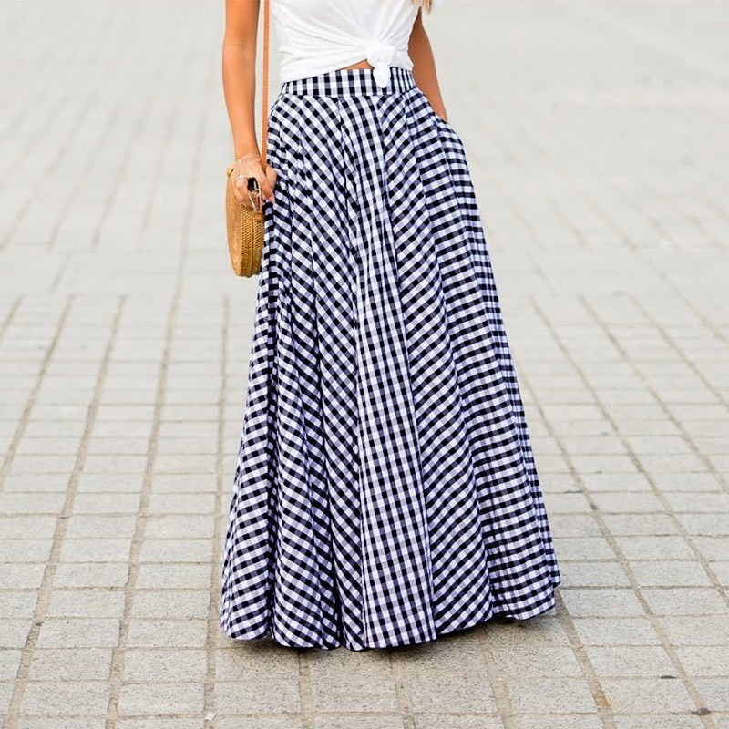 High Waist Plaid Maxi Skirt with Pockets Castello Clothing Line