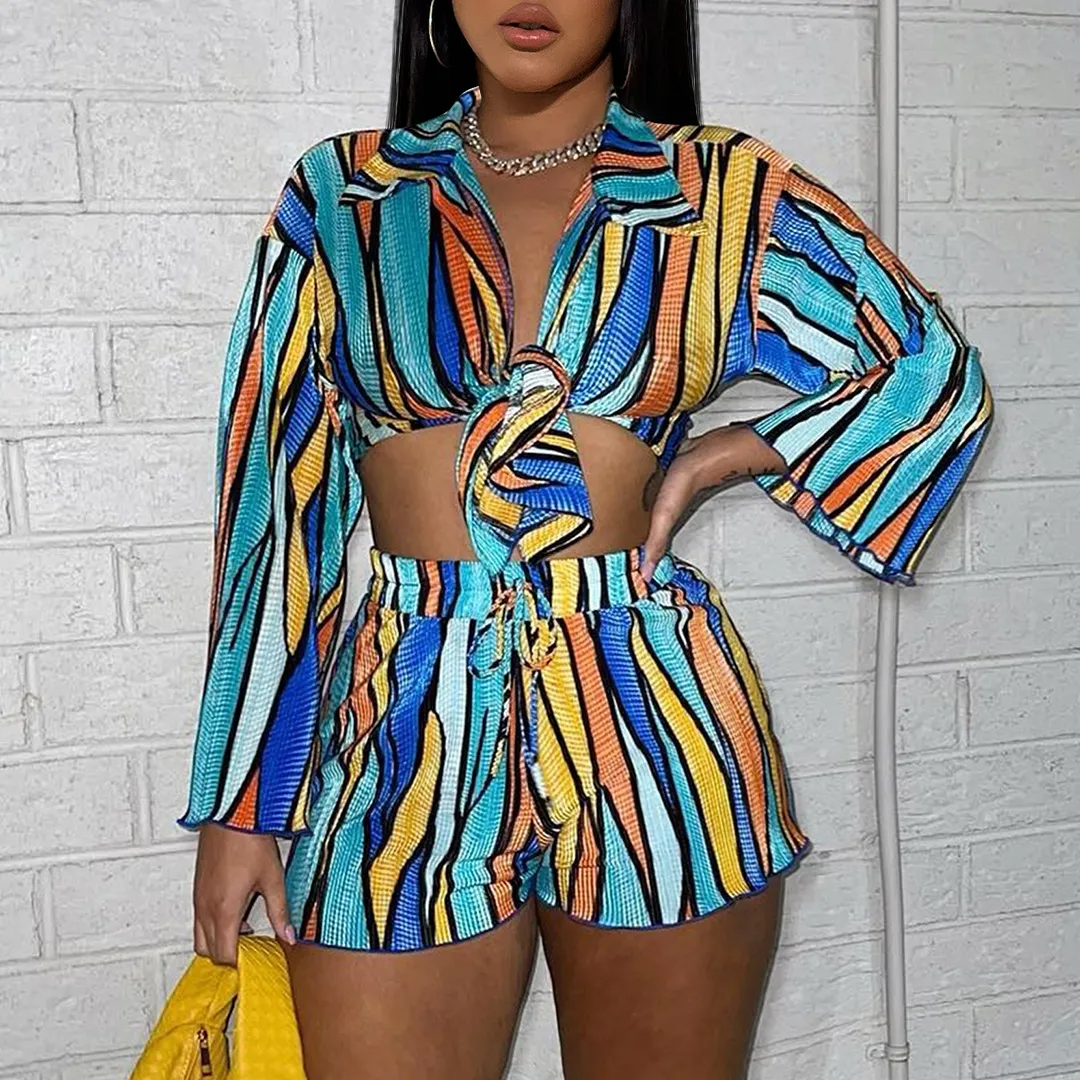 Vivid Striped Tie-Front Collared Top & Drawstring Shorts Set Castello Clothing Line
