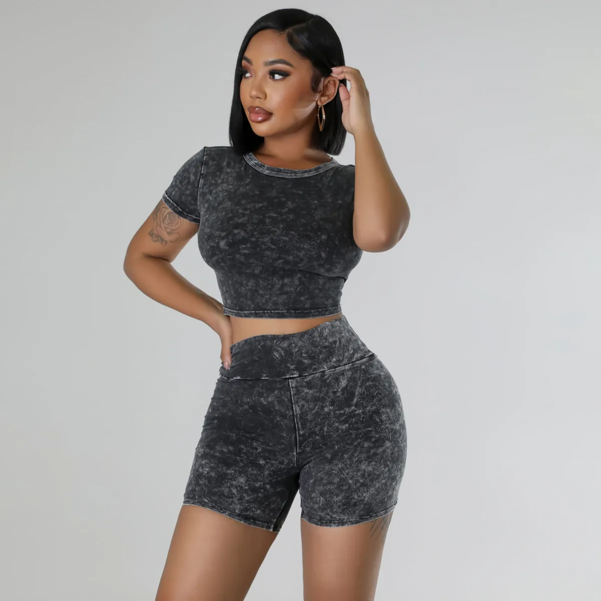 Vibe Acid Wash Crop Top & Biker Shorts Set Castello Clothing Line