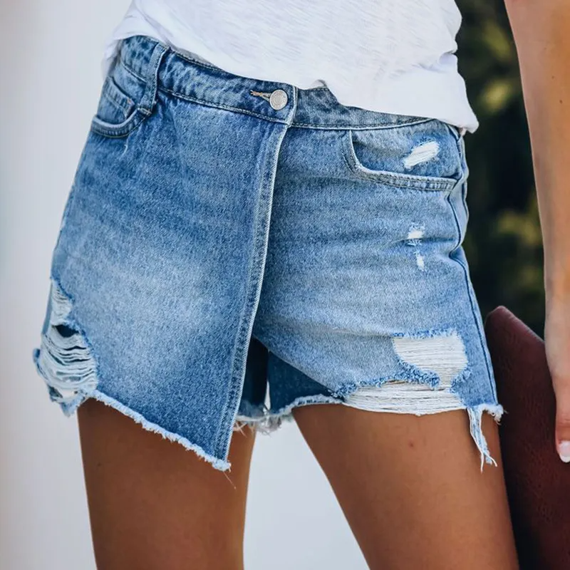 Storm High-Rise Distressed Asymmetrical Denim Skort Castello Clothing Line