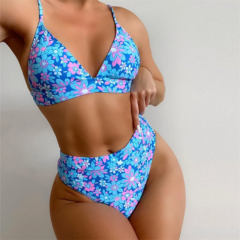 Blissa Floral Print High Waist Triangle Bikini Set Castello Clothing Line