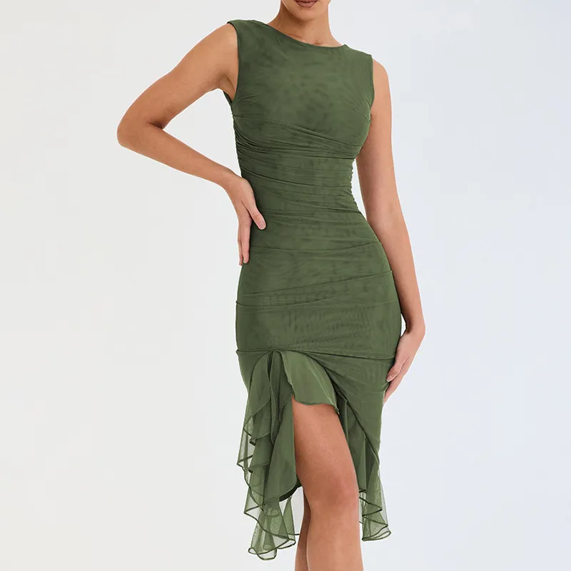 Marissa Sleeveless Ruched Sheer Overlay Bodycon Midi Dress midi dress Castello Clothing Line