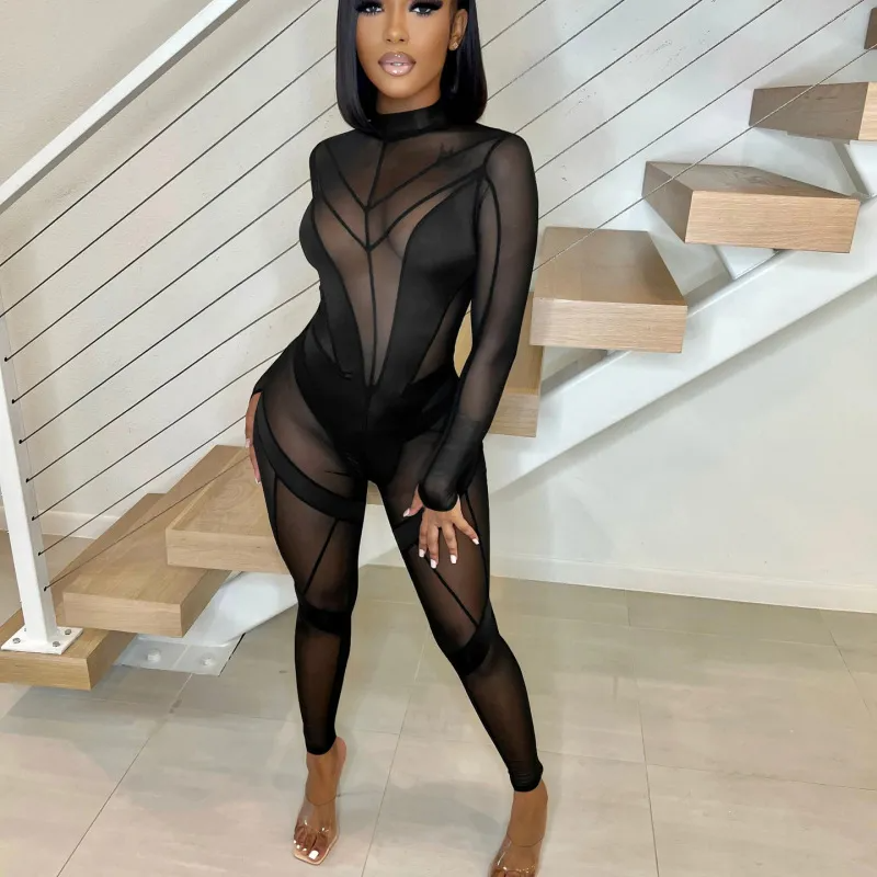 Siena Long Sleeve Sheer Mesh Panel Bodycon Jumpsuit women jumpsuits Castello Clothing Line
