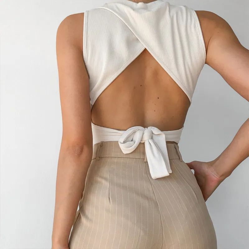 Tied Together Open-Back Mock Neck Crop Top Castello Clothing Line
