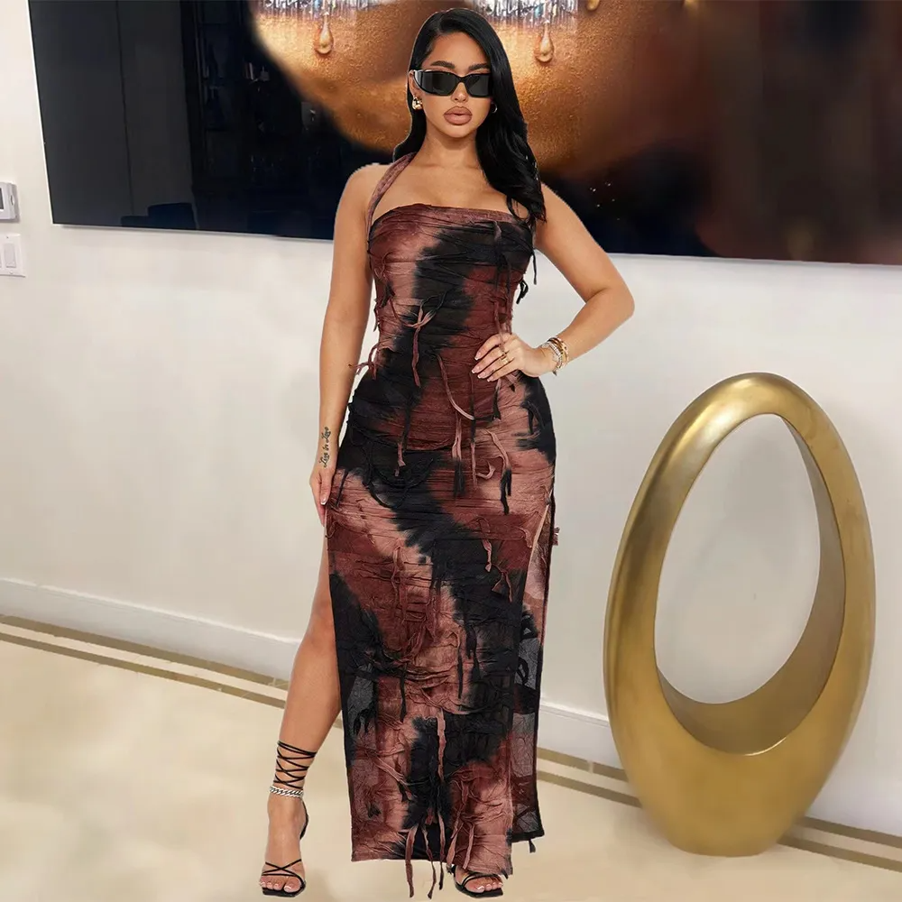 Lysandra Halter Distressed Mesh Bodycon Maxi Dress maxi dress Castello Clothing Line