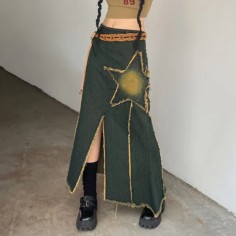 Star Power Fringe Hem Denim Maxi Skirt Castello Clothing Line