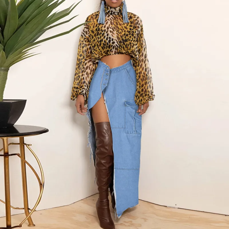 Edge Play Button-Up Slit Denim Skirt Castello Clothing Line