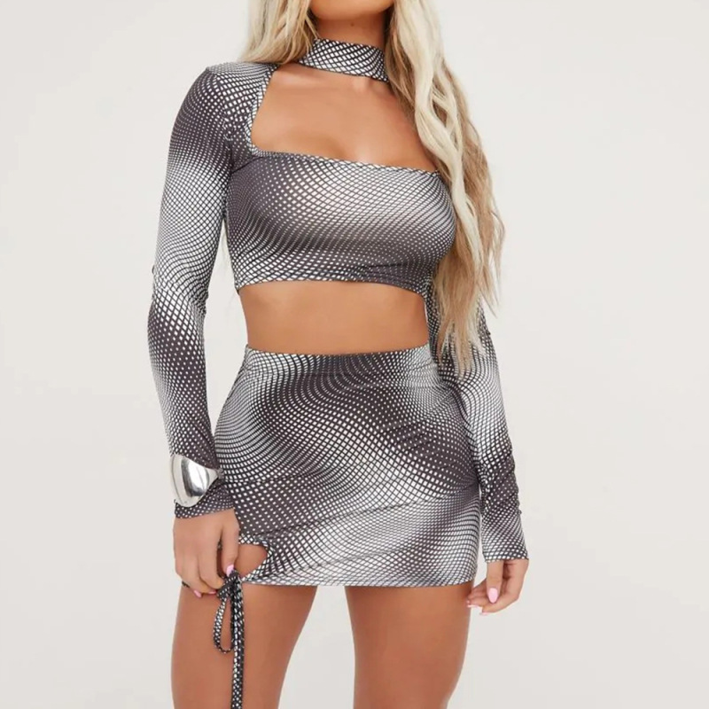 Cut Out Crop Top & Skirt Set - Long Sleeves, Polyester/Milk Fiber/Spandex Blend Castello Clothing Line