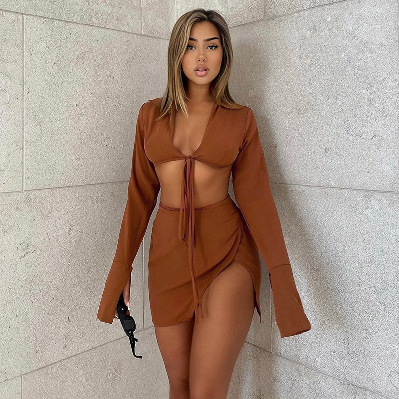 Cropped Tie Top & Short Skirt Set - Long Sleeve & Front Slit - Polyester/Fiber Blend Castello Clothing Line