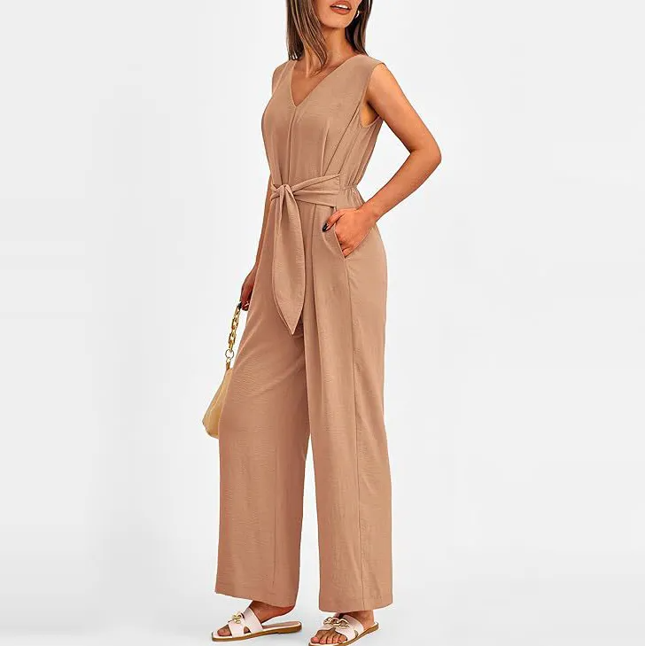 Genesis Sleeveless V-Neck Belted Wide-Leg Jumpsuit women jumpsuits Castello Clothing Line