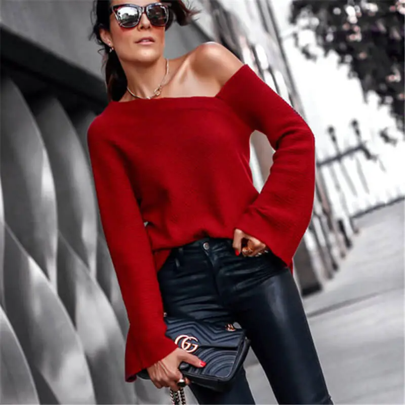 Obsession Asymmetric Ribbed One-Shoulder Bell Sleeve Sweater Castello Clothing Line