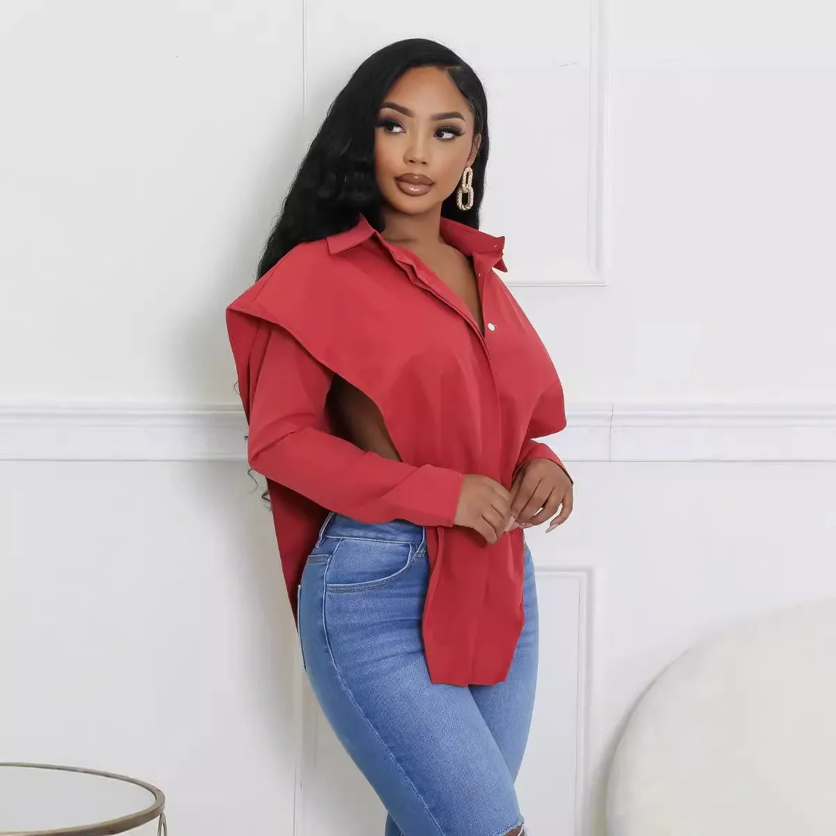 Fierce Attitude Open-Side Long Sleeve Button-Up Shirt Castello Clothing Line