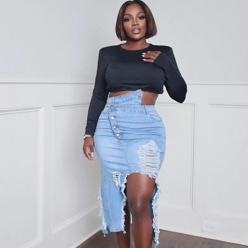 Fierce Fray Button-Up Slit Denim Skirt Castello Clothing Line