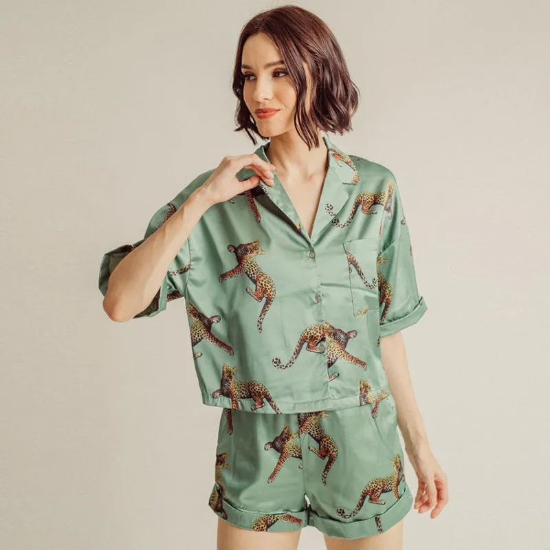 Wild Spirit Satin Short Sleeve Top and Shorts Lounge Set Castello Clothing Line