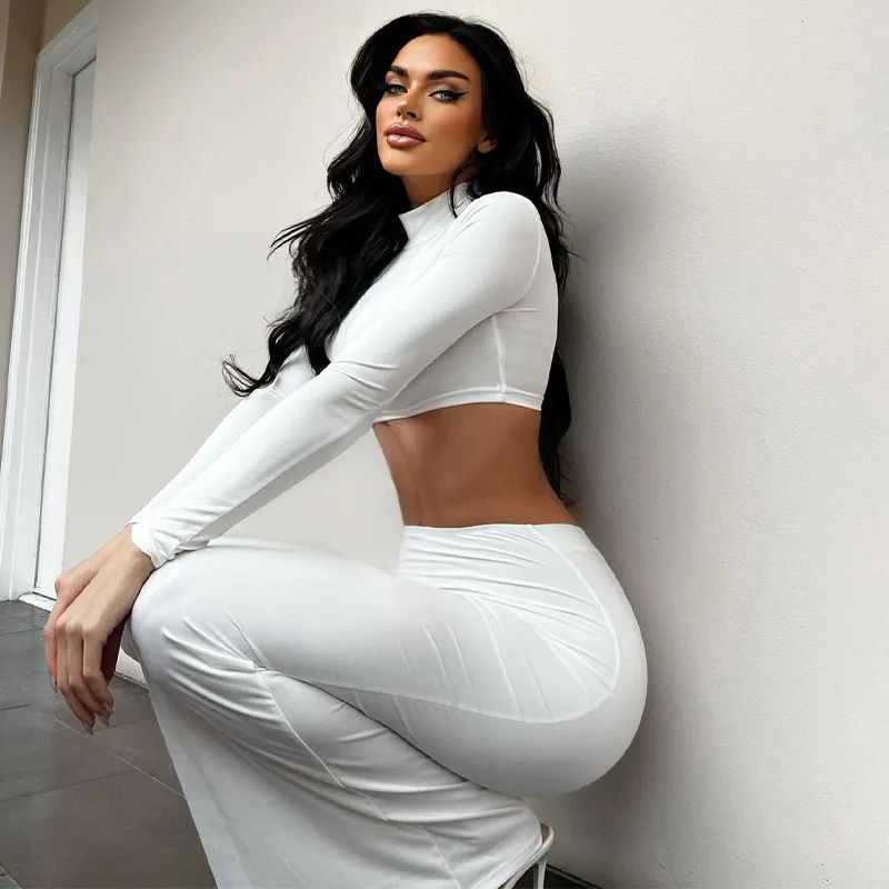 High Neck Long Sleeve Crop Top & Ruched Pencil Skirt Set Castello Clothing Line