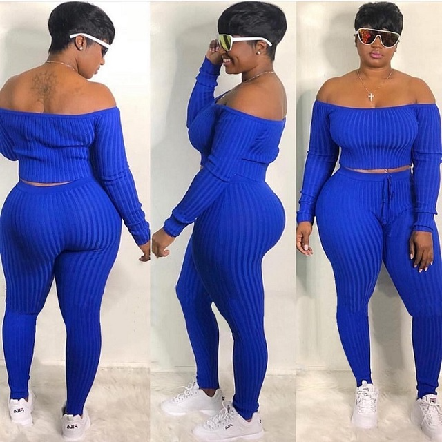Plus Size Off Shoulder Pants Set - Long Sleeves, Slim Fit, Drawstring Waist - Cotton/Fiber Blend Castello Clothing Line