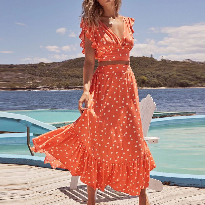Polka Dot V-Neck Top & Ruffle Skirt Set Castello Clothing Line