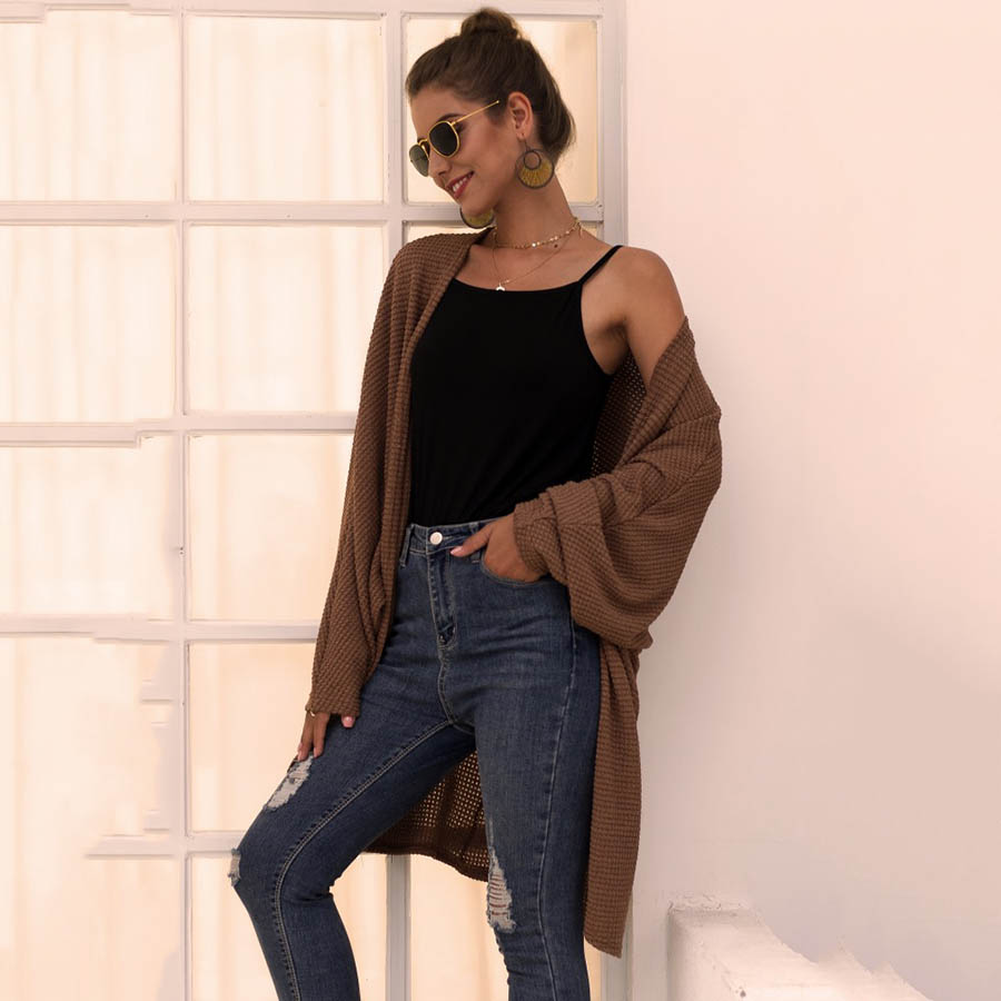 Unwind Open Front Waffle Knit Long Sleeve Cardigan Castello Clothing Line