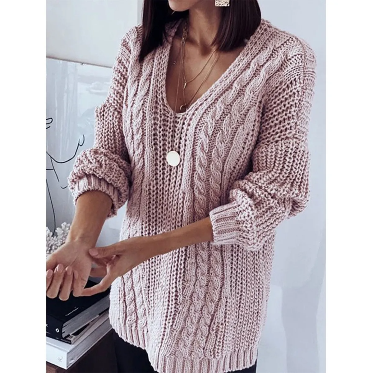 Knit Envy Cable Knit V-Neck Oversized Sweater Castello Clothing Line