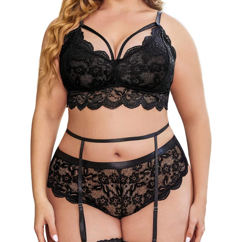 Lace Cut-Out Lingerie Set with Garter - Sexy Lace/Spandex Bra and Panty Set Castello Clothing Line