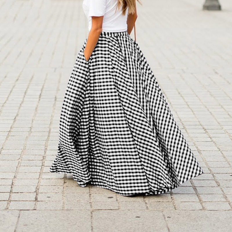High Waist Plaid Maxi Skirt with Pockets Castello Clothing Line