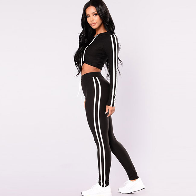 Hooded Crop Top & Pants Set - Color Block, Long Sleeves, High Waist Castello Clothing Line