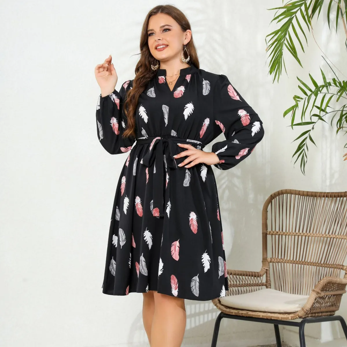 Tara Plus Feather-Print Belted Long-Sleeve Midi Dress mini dress Castello Clothing Line